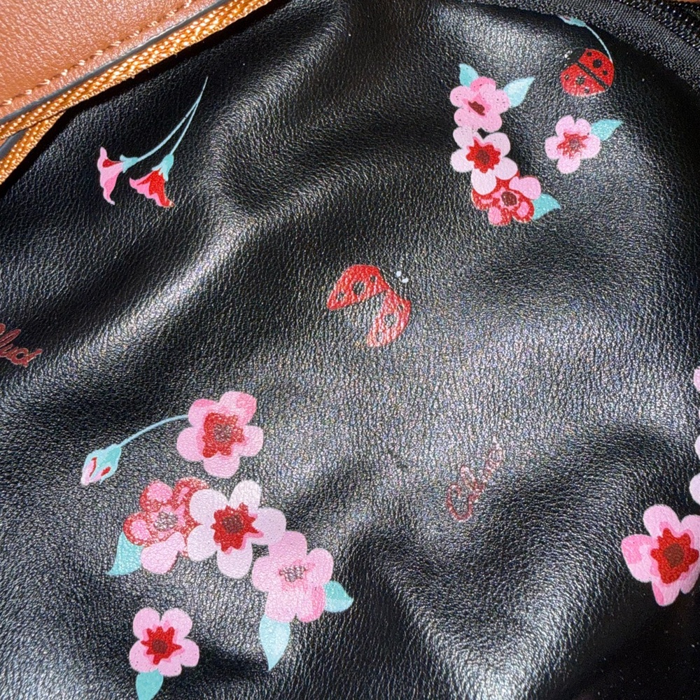 Cluci Small Floral  and Ladybug Black and Brown Backpack 12x10 - Picture 15 of 16